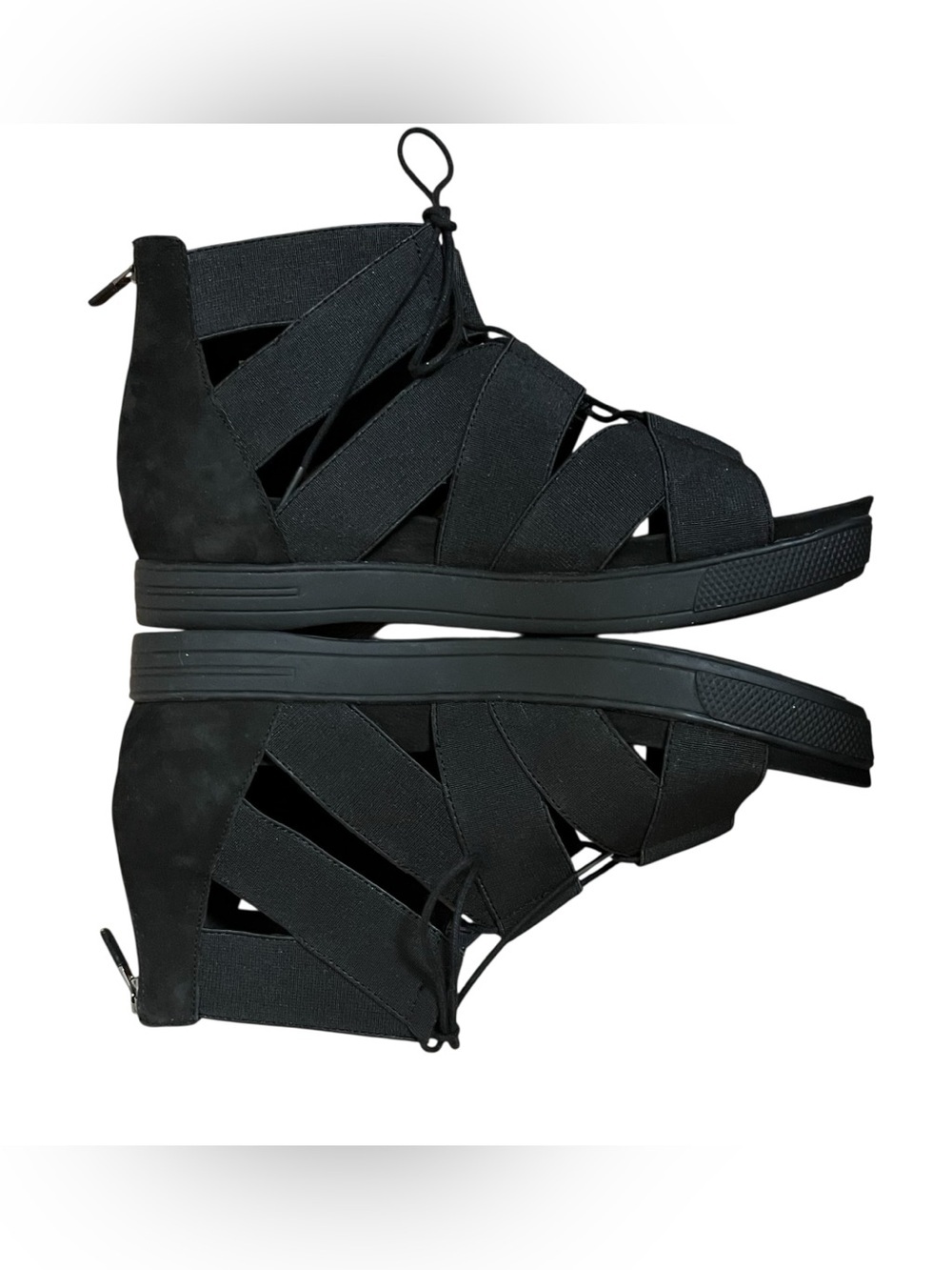 Eileen Fisher Link Elastic Strappy Zip Back Comfort Minimalist Black Sandals — 7 - Picture 5 of 10